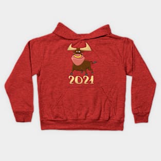 Funny Horned Ox With Nose Ring New Year 2021 Chinese Zodiac Animal Ox Cool Xmas Gift Kids Hoodie